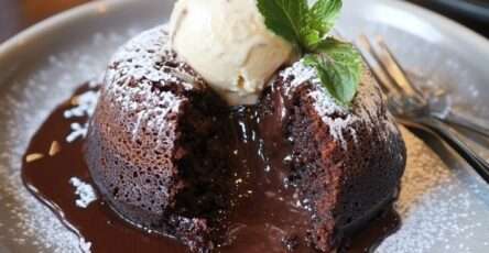 Fondants au chocolat avec cœur coulant, servis avec glace vanille.