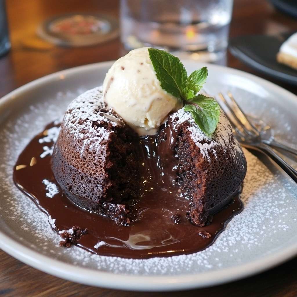 Fondants au chocolat avec cœur coulant, servis avec glace vanille.