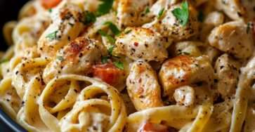 Assiette de pâtes crémeuses au poulet cajun avec sauce onctueuse et poivrons.