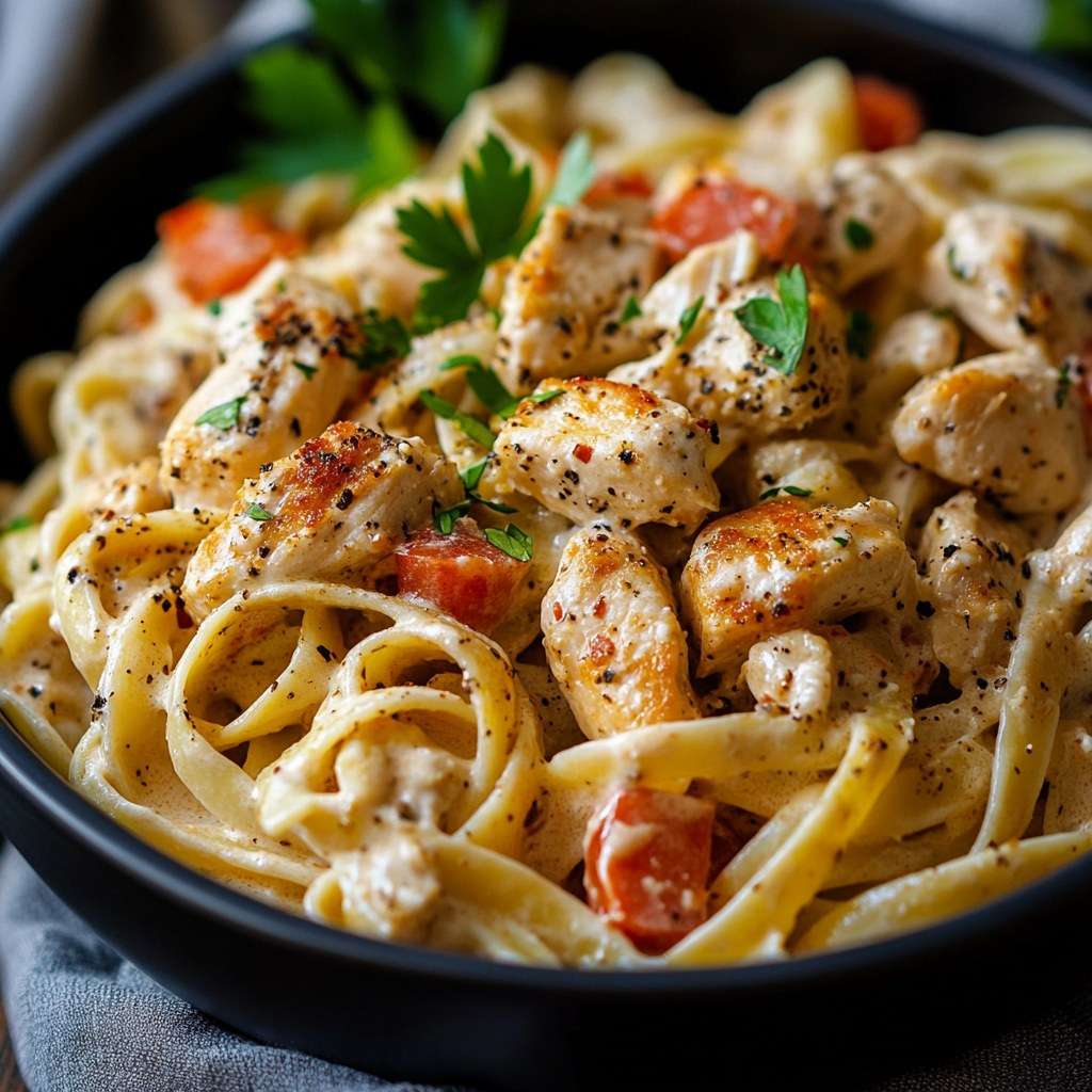 Assiette de pâtes crémeuses au poulet cajun avec sauce onctueuse et poivrons.