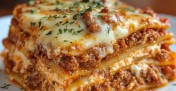 Lasagnes Bolognaise maison servies en parts épaisses avec couches visibles de pâte, sauce et fromage fondant.