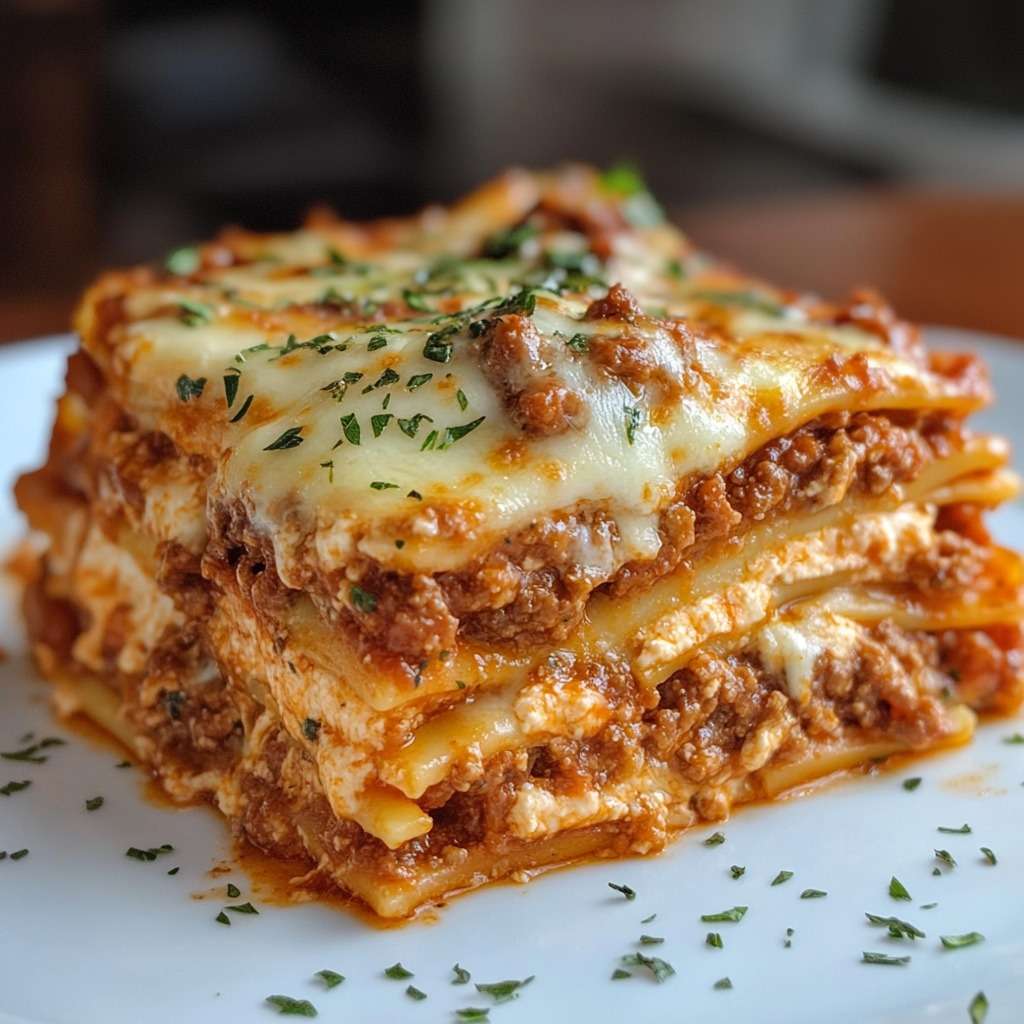 Lasagnes Bolognaise maison servies en parts épaisses avec couches visibles de pâte, sauce et fromage fondant.