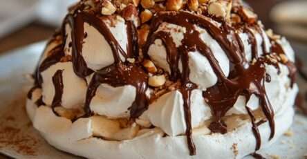 Pavlova au chocolat garnie de crème fouettée, noisettes caramélisées et copeaux de chocolat.