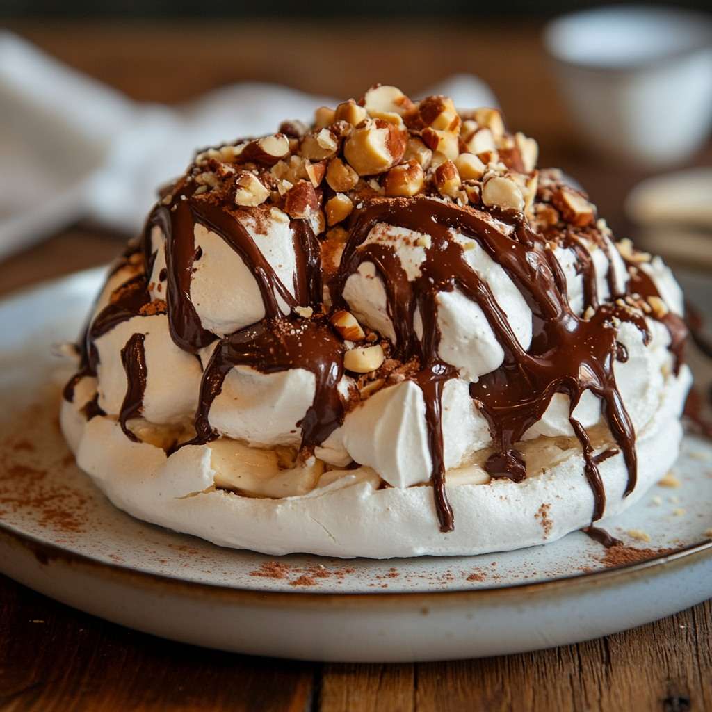 Pavlova au chocolat garnie de crème fouettée, noisettes caramélisées et copeaux de chocolat.