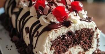 Gâteau roulé Forêt-Noire garni de chantilly et cerises, décoré de copeaux de chocolat et de cerises entières.