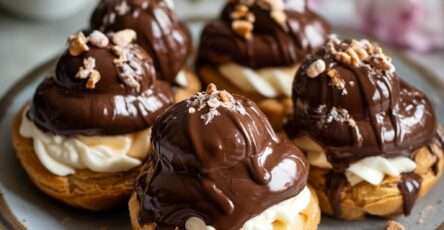 Profitéroles garnies de glace vanille, nappées de sauce chocolat brillante.