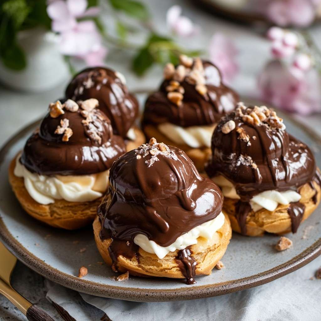 Profitéroles garnies de glace vanille, nappées de sauce chocolat brillante.