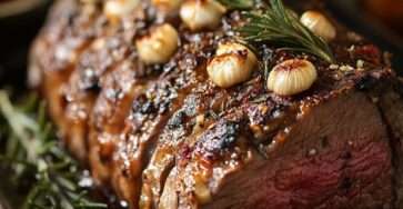 Épaule d’agneau rôtie lentement au romarin avec glaçage au miel, servie dans un plat rustique avec jus de cuisson.