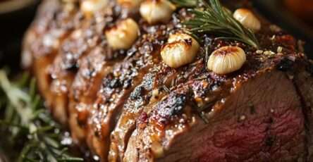 Épaule d’agneau rôtie lentement au romarin avec glaçage au miel, servie dans un plat rustique avec jus de cuisson.