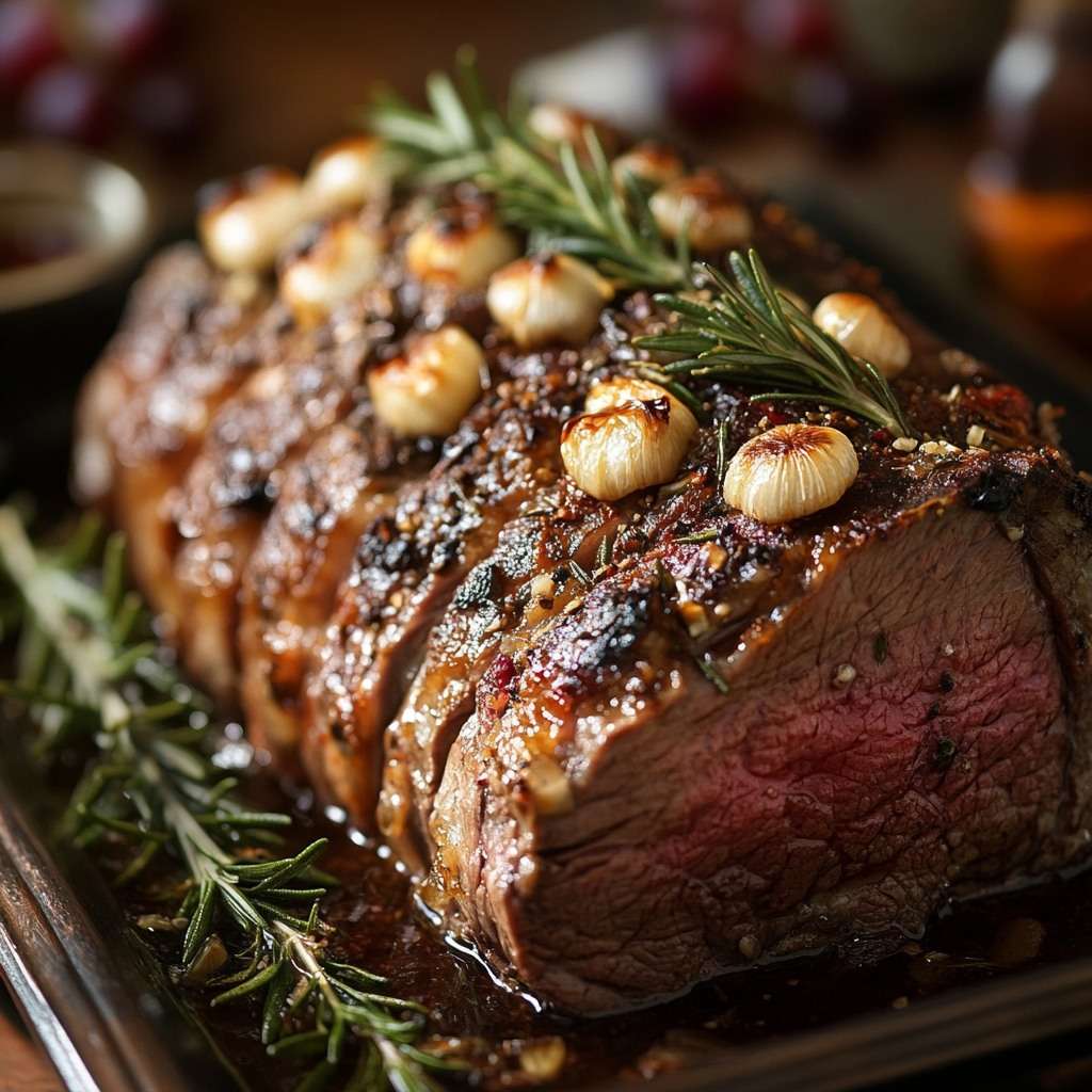 Épaule d’agneau rôtie lentement au romarin avec glaçage au miel, servie dans un plat rustique avec jus de cuisson.