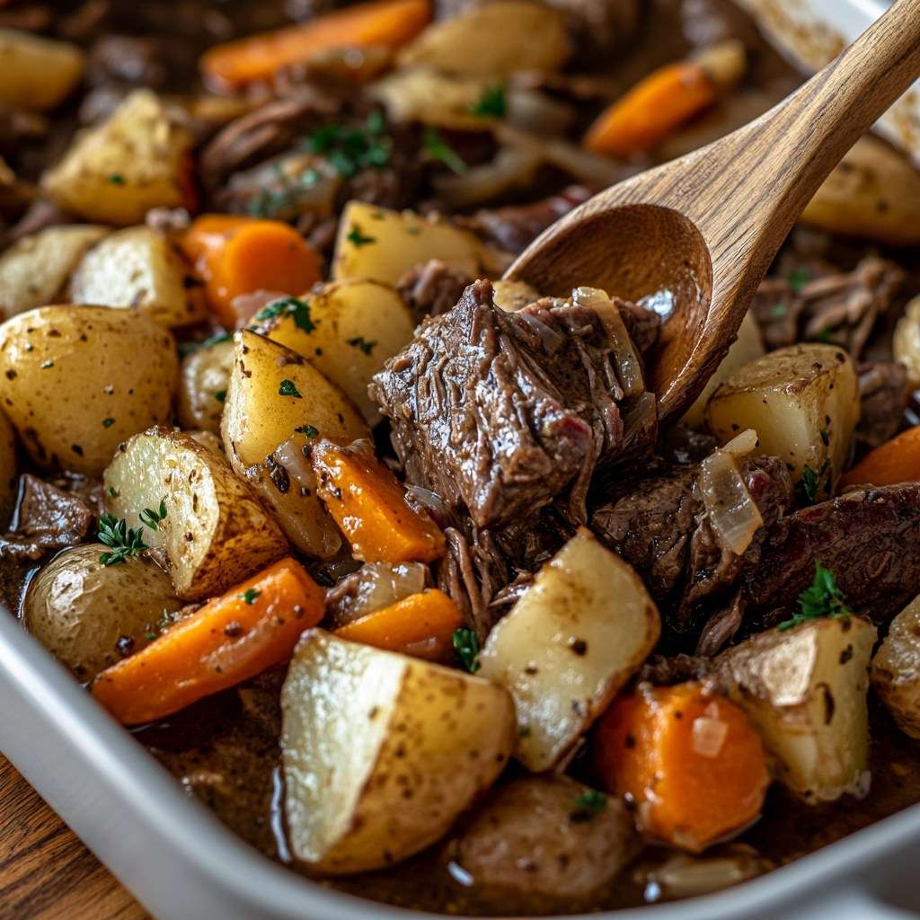 Rôti de bœuf mijoté dans une crème brune, servi avec pommes de terre et carottes dans une cocotte rustique.