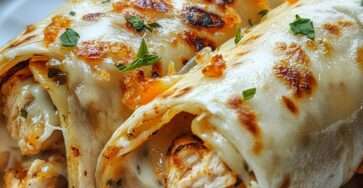 Wraps poulet à l’ail, fromage fondu et crème, croustillants coupés en deux avec garniture fondante visible.