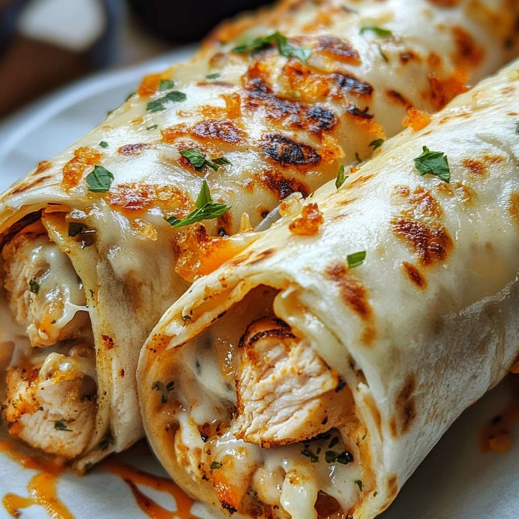 Wraps poulet à l’ail, fromage fondu et crème, croustillants coupés en deux avec garniture fondante visible.
