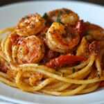 Assiette de spaghetti crémeux avec crevettes, chorizo et poivrons colorés, garnie de persil frais.