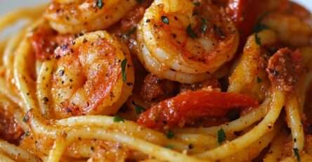 Assiette de spaghetti crémeux avec crevettes, chorizo et poivrons colorés, garnie de persil frais.