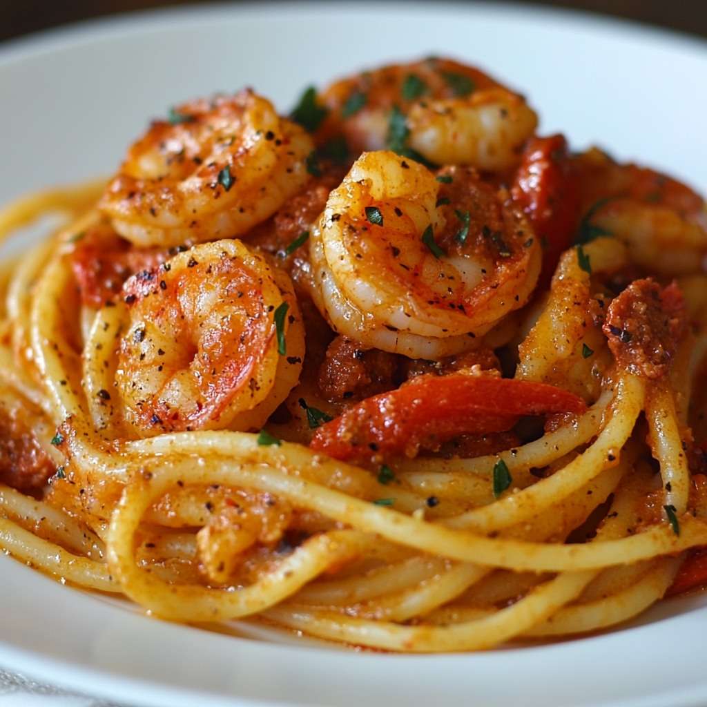 Assiette de spaghetti crémeux avec crevettes, chorizo et poivrons colorés, garnie de persil frais.