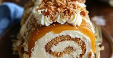 Gâteau roulé garni de crème au caramel beurre salé, décoré de caramel coulant et de noisettes concassées.