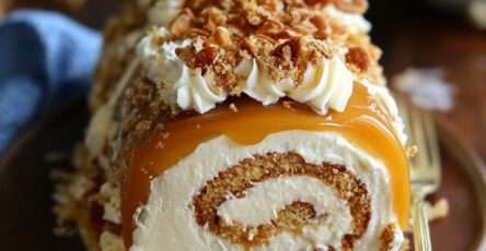 Gâteau roulé garni de crème au caramel beurre salé, décoré de caramel coulant et de noisettes concassées.