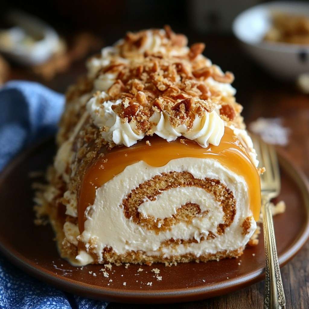 Gâteau roulé garni de crème au caramel beurre salé, décoré de caramel coulant et de noisettes concassées.