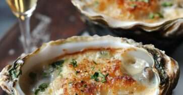 Gratin d’huîtres au champagne dans leurs coquilles avec chapelure dorée et herbes fraîches.