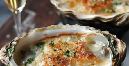 Gratin d’huîtres au champagne dans leurs coquilles avec chapelure dorée et herbes fraîches.
