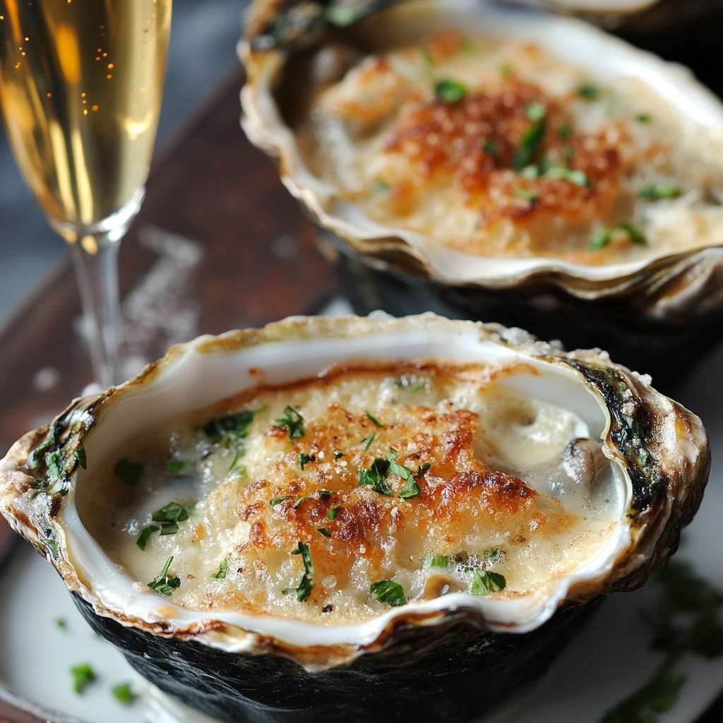 Gratin d’huîtres au champagne dans leurs coquilles avec chapelure dorée et herbes fraîches.