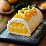 Gâteau roulé à la mangue garni de crème légère et décoré de morceaux de mangue fraîche.