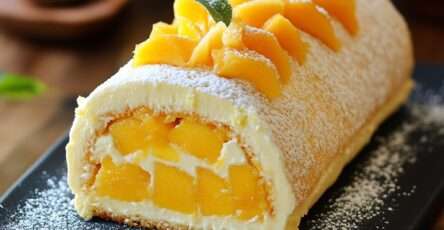 Gâteau roulé à la mangue garni de crème légère et décoré de morceaux de mangue fraîche.