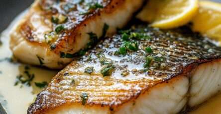 Filet de bar rôti servi avec une sauce au beurre citronné, présenté dans une assiette élégante avec herbes fraîches.