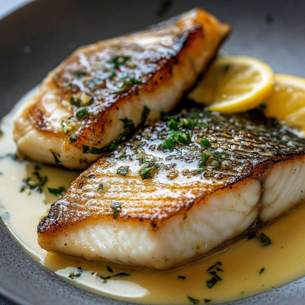 Filet de bar rôti servi avec une sauce au beurre citronné, présenté dans une assiette élégante avec herbes fraîches.