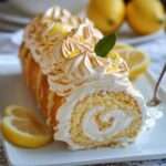 Gâteau roulé citron garni de lemon curd et recouvert de meringue dorée au chalumeau.