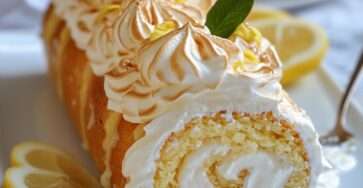Gâteau roulé citron garni de lemon curd et recouvert de meringue dorée au chalumeau.