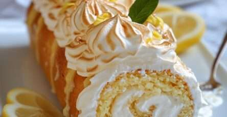 Gâteau roulé citron garni de lemon curd et recouvert de meringue dorée au chalumeau.