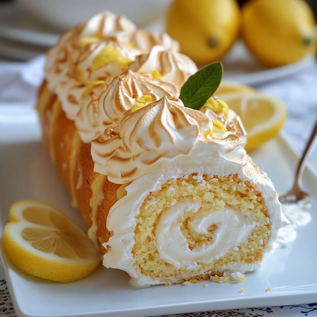 Gâteau roulé citron garni de lemon curd et recouvert de meringue dorée au chalumeau.