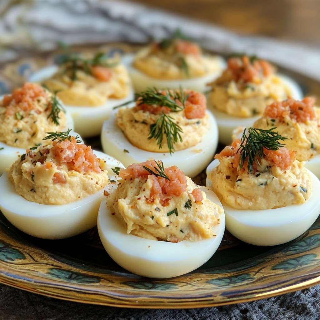 Œufs mimosa garnis au saumon ou thon, décorés d’herbes fraîches et paprika.