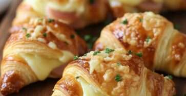 Mini croissants feuilletés dorés garnis de jambon et fromage fondant, prêts à servir.