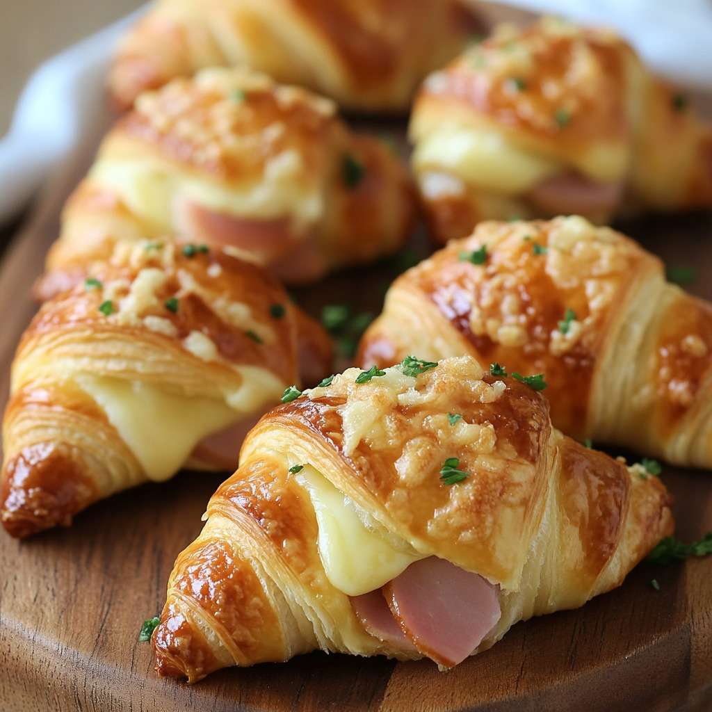 Mini croissants feuilletés dorés garnis de jambon et fromage fondant, prêts à servir.