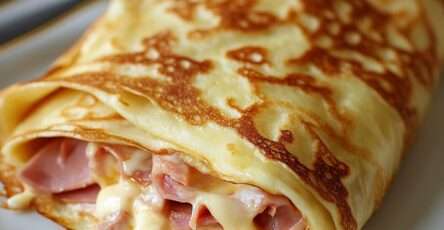 Crêpe pliée et dorée, garnie de jambon et fromage fondant, servie chaude en assiette.