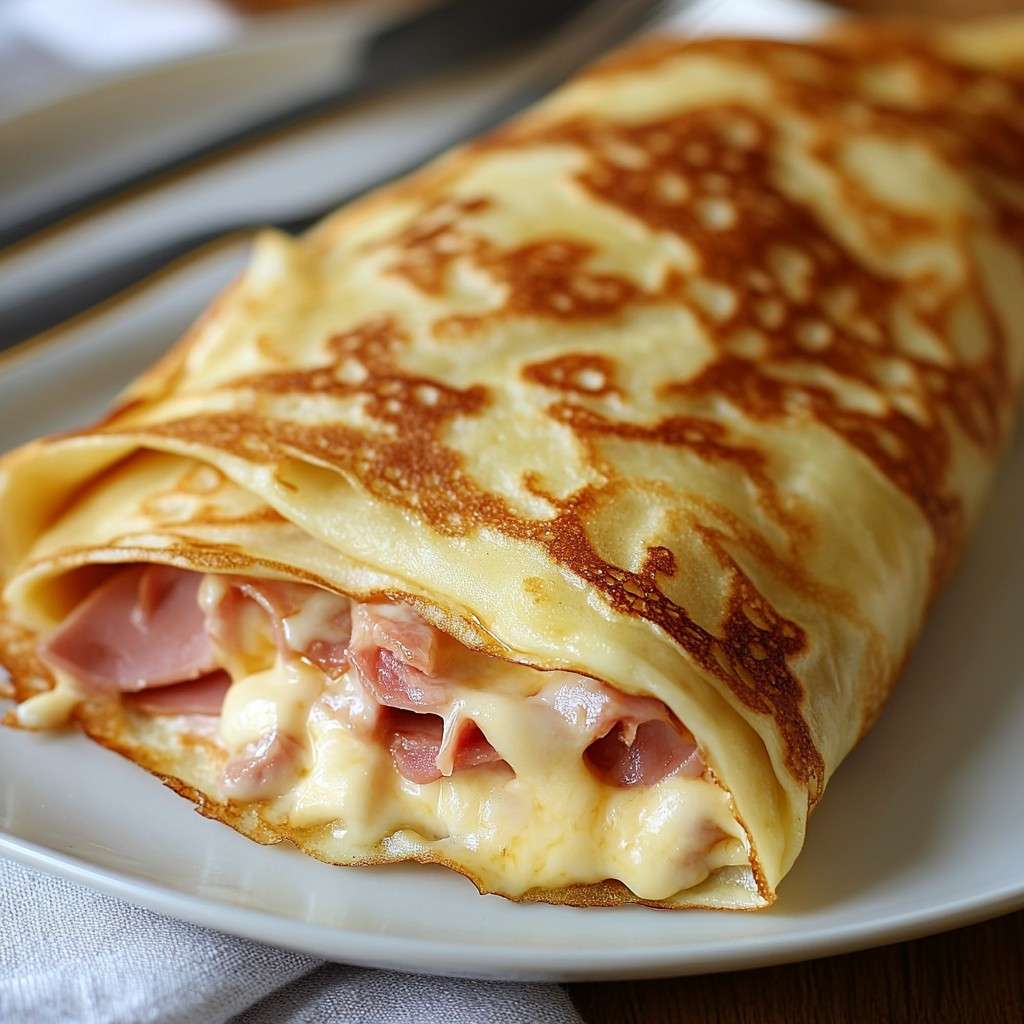 Crêpe pliée et dorée, garnie de jambon et fromage fondant, servie chaude en assiette.