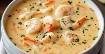 Bol de bisque crémeuse aux fruits de mer avec crabe, crevettes et herbes fraîches.