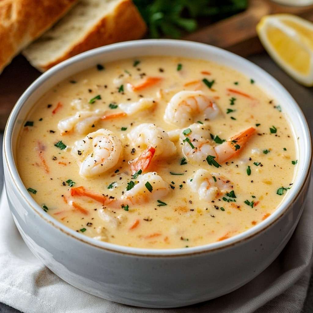 Bol de bisque crémeuse aux fruits de mer avec crabe, crevettes et herbes fraîches.