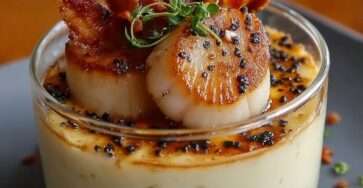 Verrine de crème de chou-fleur aux noix de Saint-Jacques et bacon croustillant.