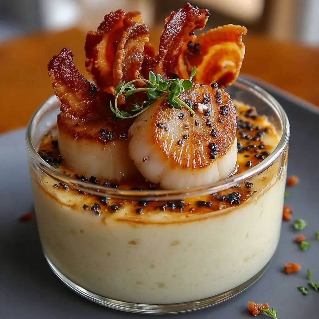 Verrine de crème de chou-fleur aux noix de Saint-Jacques et bacon croustillant.