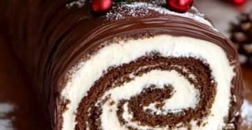 Bûche de Noël roulée au chocolat garnie de crème vanille et recouverte d’une ganache brillante décorée façon écorce.