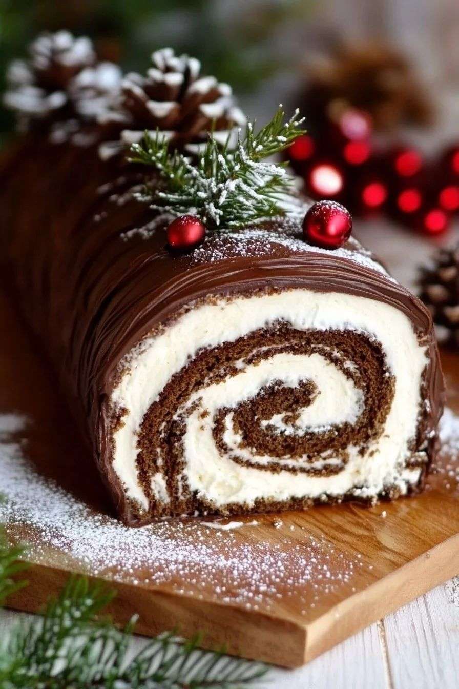 Bûche de Noël roulée au chocolat garnie de crème vanille et recouverte d’une ganache brillante décorée façon écorce.