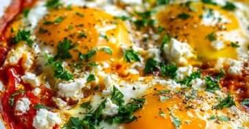 Shakshuka maison avec œufs pochés, sauce tomate épicée, feta émiettée et herbes fraîches dans une poêle en fonte.