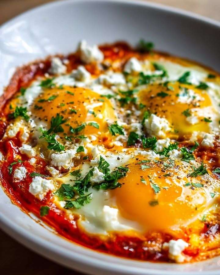 Shakshuka maison avec œufs pochés, sauce tomate épicée, feta émiettée et herbes fraîches dans une poêle en fonte.