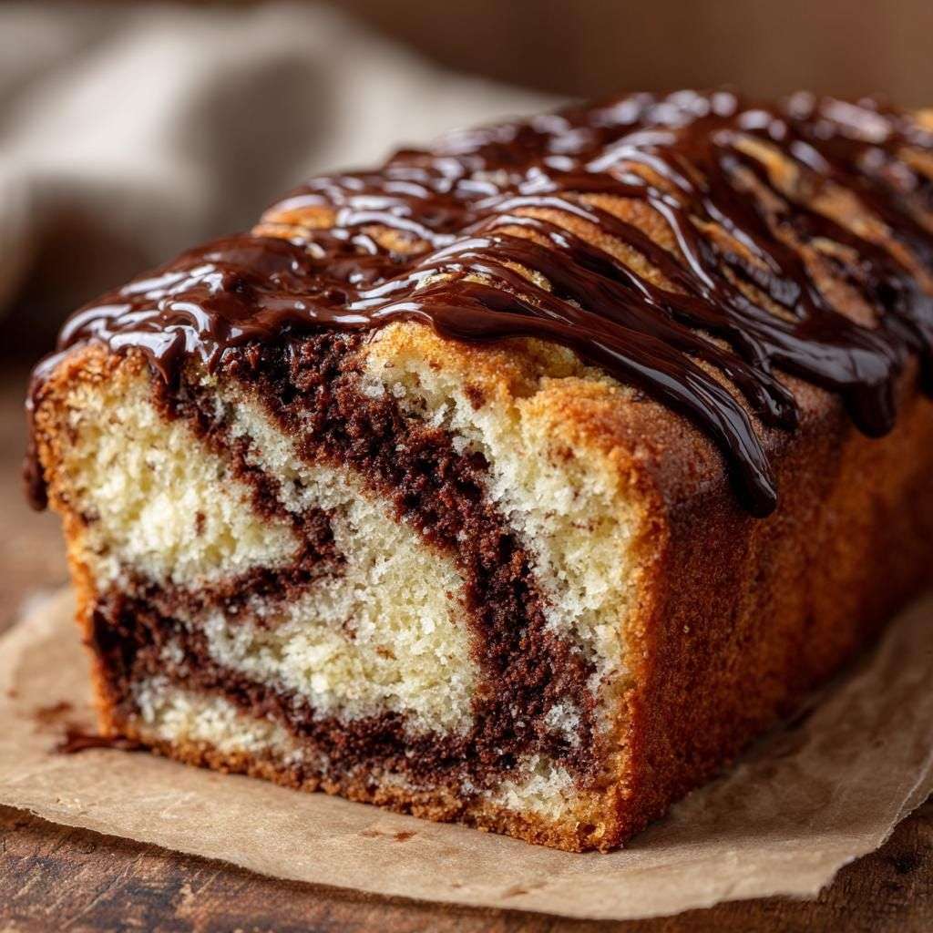 Cake marbré vanille-chocolat tranché avec glaçage fondant au chocolat coulant sur le dessus.