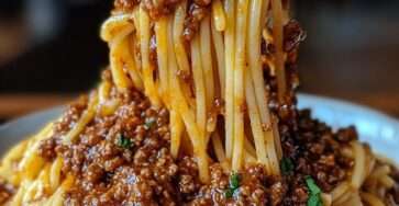 Spaghetti à la bolognaise nappés de sauce tomate au bœuf mijotée, servis avec parmesan râpé.