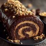 Gâteau roulé au chocolat garni de crème au beurre de cacahuète, recouvert d’un glaçage chocolat et de cacahuètes hachées.